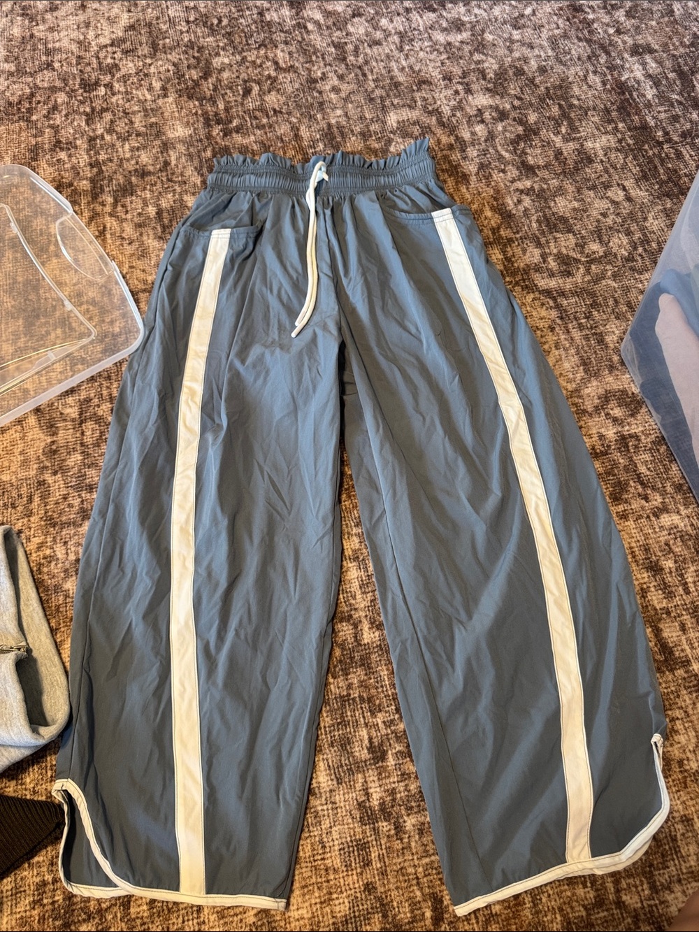 Wide-Leg Track Pants with White Side Stripes - Slate Blue